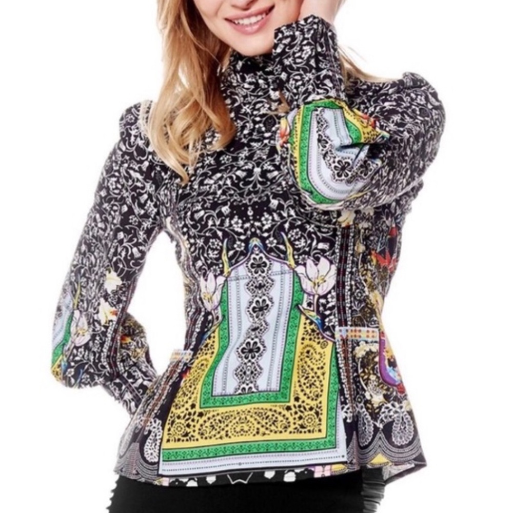 Gracia Womens Small Mock Neck Baroque Print Long Sleeve Lined Top